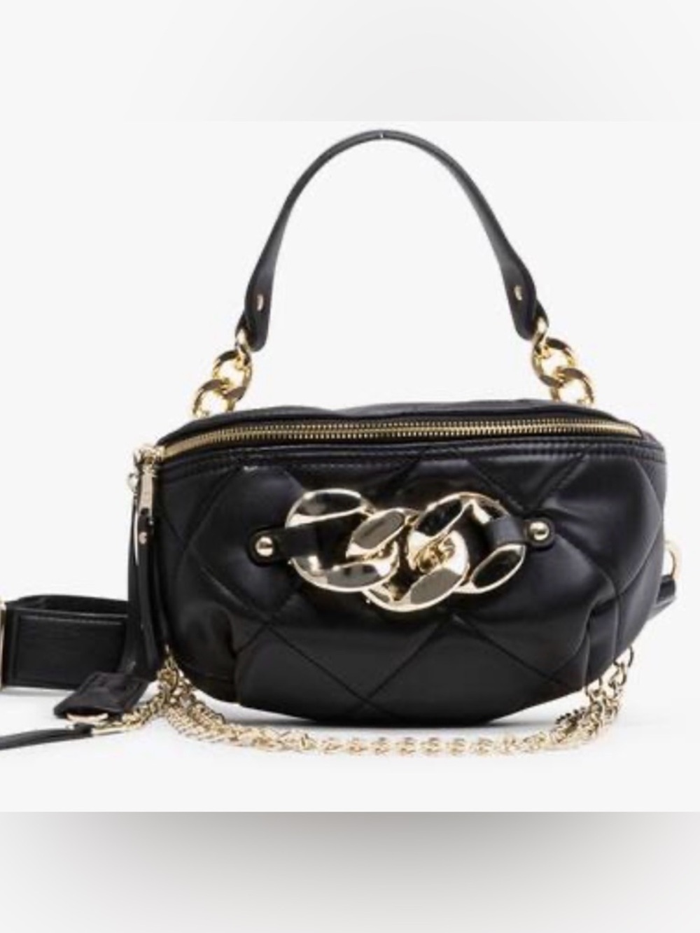 Steve madden Black Quilted Leather Crossbody Bag with Gold Chain Accent